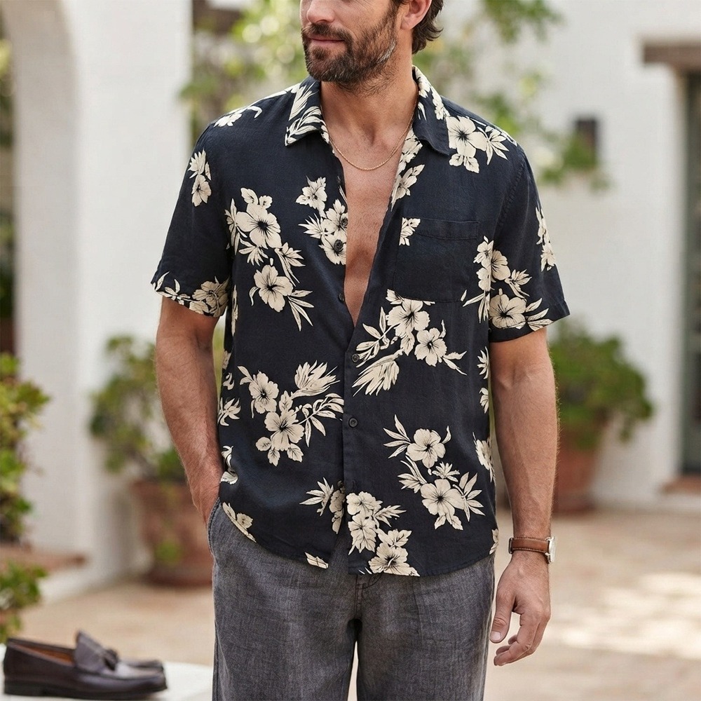 Vintage Newport News Tropical Shirt Floral Button Down Short Sleeve Black Large